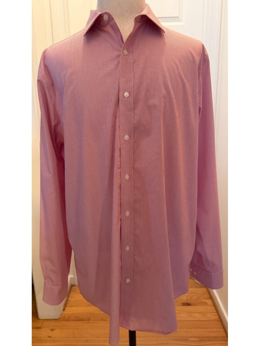 Tommy Hilfiger TH Flex Shirt Mens 18 36/37 Tall Fit Red White Stripe Stretch